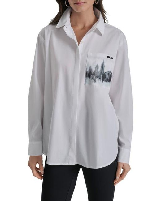 DKNY Gray Skyline Pocket Oversize Long Sleeve Button-Up Shirt