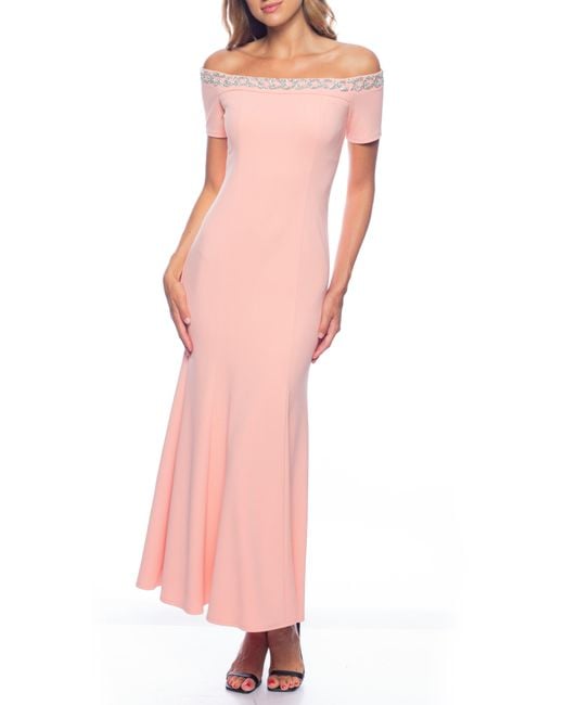 Marina Pink Beaded Off-the-shoulder Short Sleeve Trumpet Gown