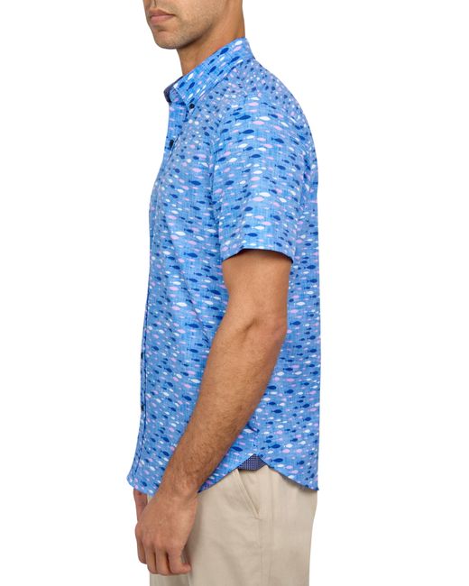 Con.struct Blue Slim Fit Fish Four-way Stretch Performance Short Sleeve Button-down Shirt for men