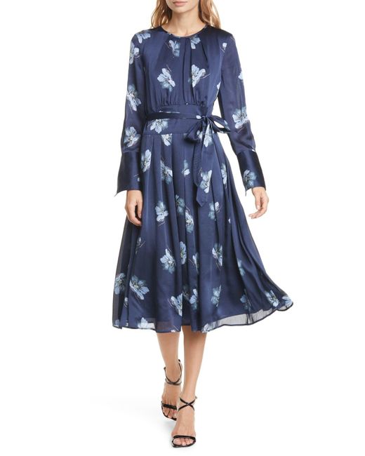 Club Monaco Blue Floral Belted Long Sleeve Midi Dress