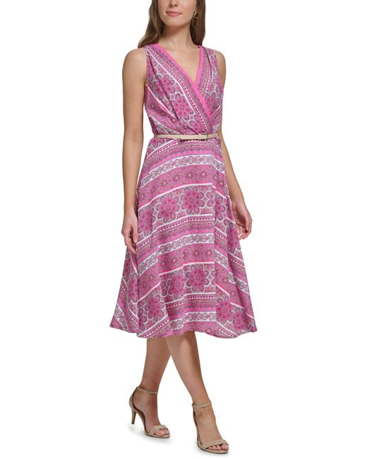 Tommy Hilfiger Pink Handkerchief Print Sleeveless Belted Dress