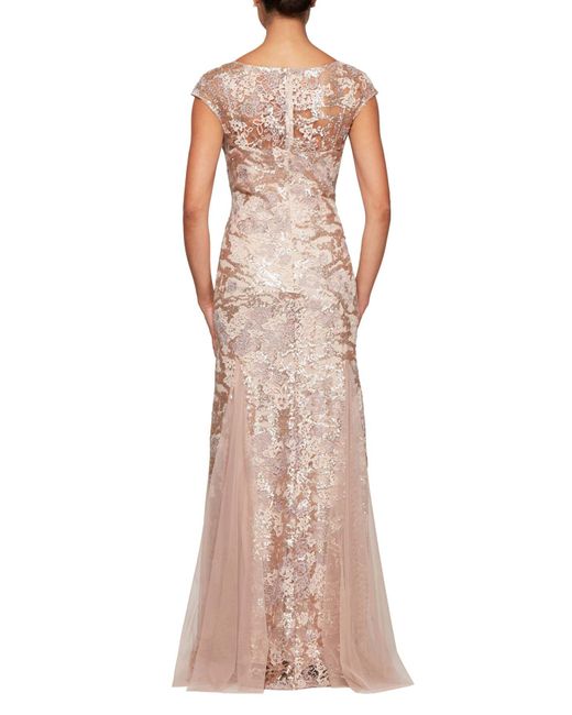 Cap Sleeve Embroidered Lace Godet Gown 
