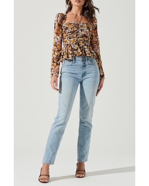 Astr Brown Toni Tie Neck Peplum Top