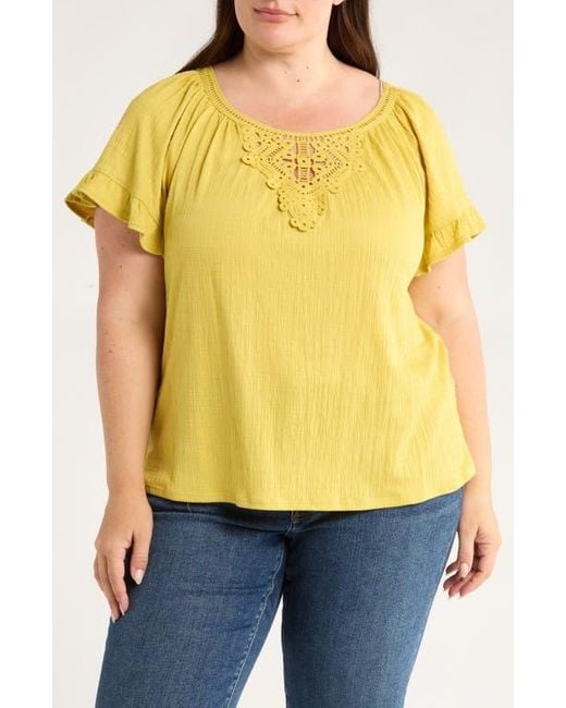 Max Studio Yellow Embellished Yoke Flutter Sleeve Top
