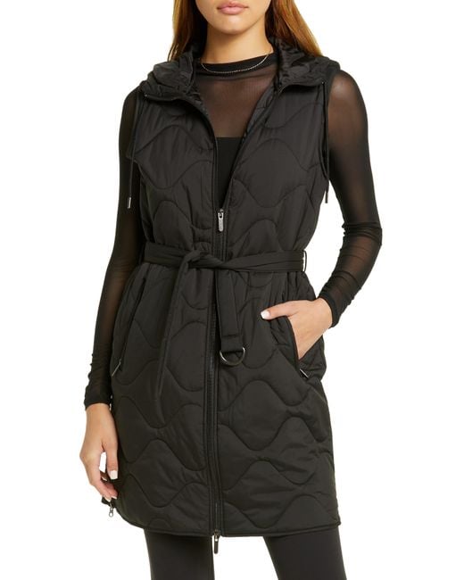 Zella Belted Quilted Longline Recycled Polyester Vest in Black Lyst