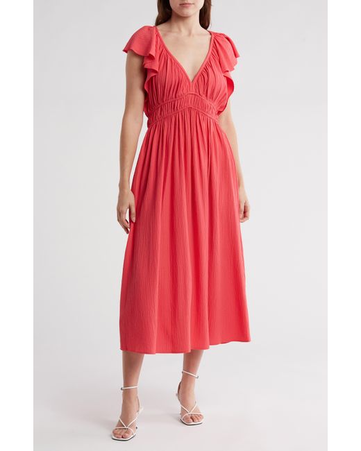 Calvin Klein Red Flutter Sleeve Gauze Midi Dress