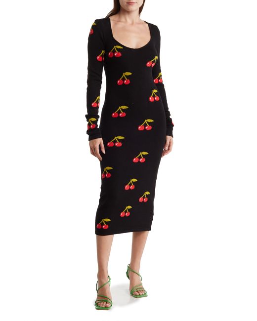 Betsey Johnson Black Avery Cherry Long Sleeve Midi Dress