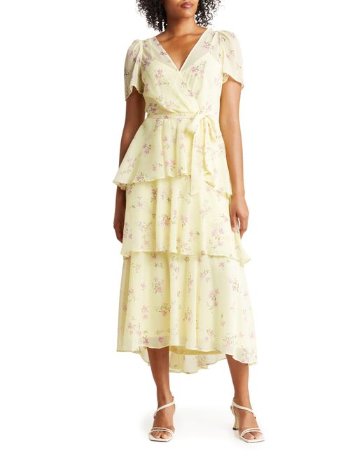 Calvin Klein Yellow Floral Short Sleeve Tiered Chiffon Maxi Dress