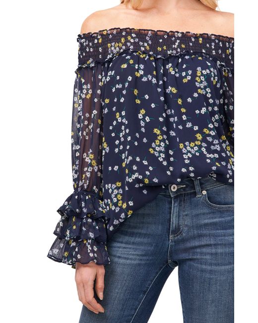 Cece Blue Scattered Daisies Off The Shoulder Blouse