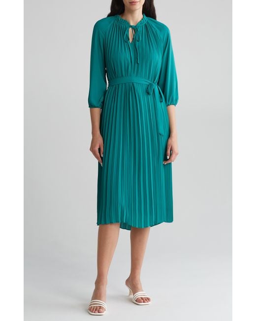 Nanette Lepore Green Pleated Tie Waist Midi Dress