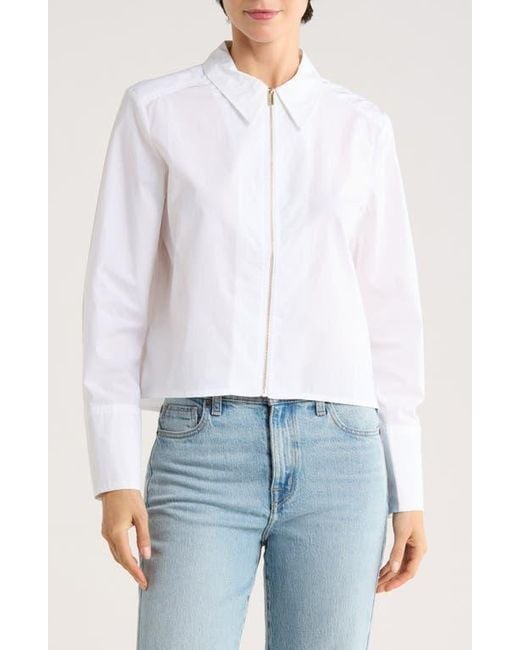 DKNY White Long Sleeve Zip Front Crop Poplin Shirt