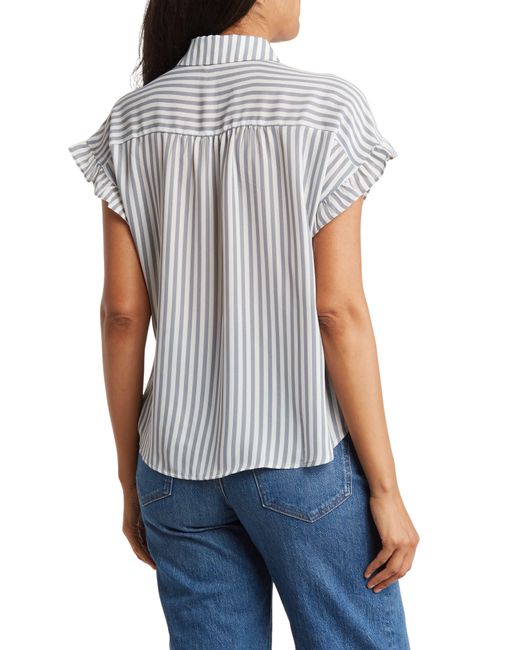 Pleione White Stripe Ruffle Short Sleeve Button-up Shirt