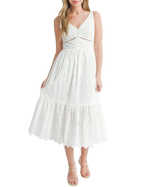 Lush White Floral Embroidered Eyelet Cotton Midi Dress