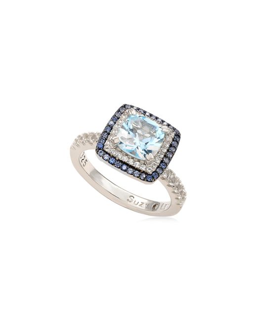 Suzy Levian Blue Cushion Cut Semiprecious Stone & White Topaz Double Halo Ring