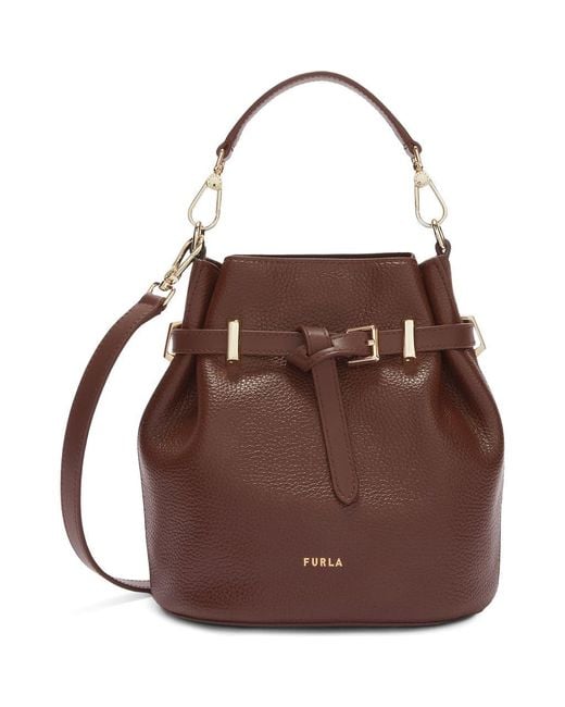 Furla Brown Aura Mini Drawstring Leather Bucket Bag