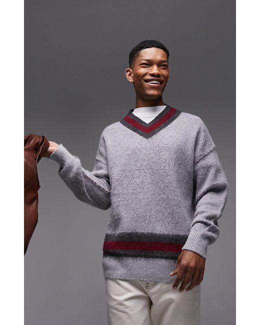 Topman Gray Cricket V-neck Sweater for men