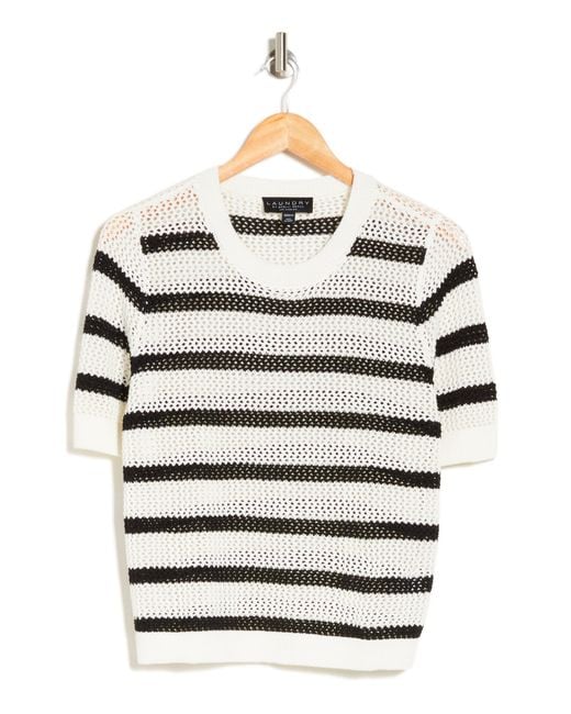Laundry by Shelli Segal Gray Open Weave Stripe Short Sleeve Sweater
