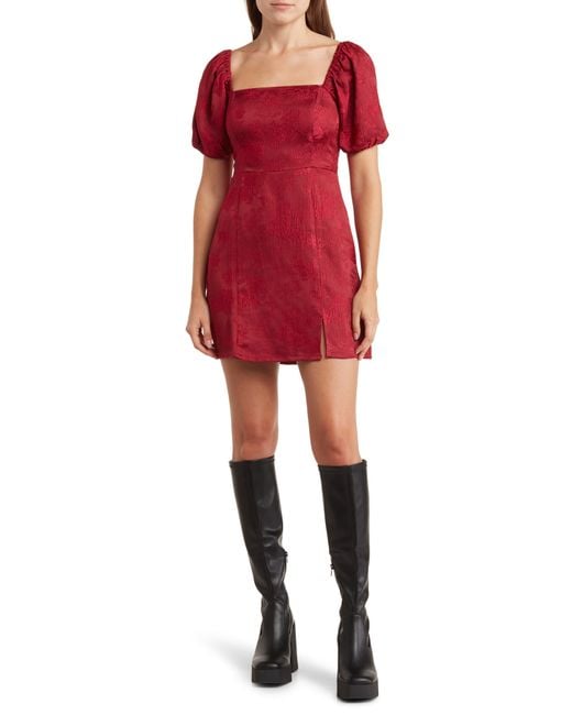 Lush Red Jacquard Puff Sleeve Minidress