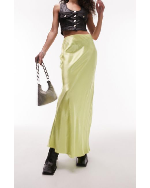 TOPSHOP Green Satin Bias Maxi Skirt