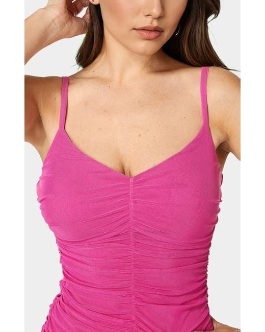Bebe Pink Powermesh Ruched Body-Con Dress