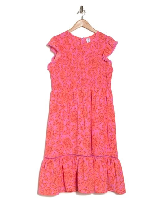 Melrose and Market Pink Smocked Flutter Sleeve Midi Dress