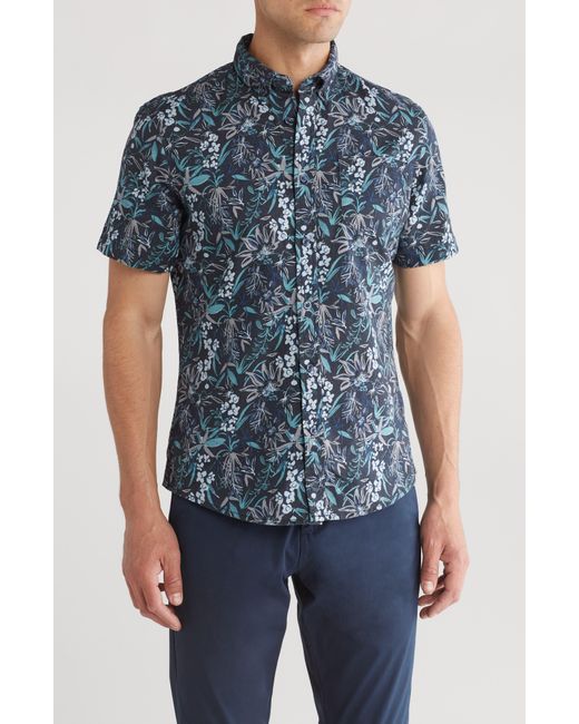 14th & Union Blue Tropical Mix Short Sleeve Cotton & Linen Button-up Shirt for men