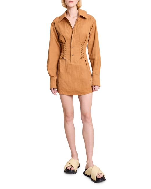A.L.C. Orange Corset Inspired Long Sleeve Cotton & Hemp Shirtdress