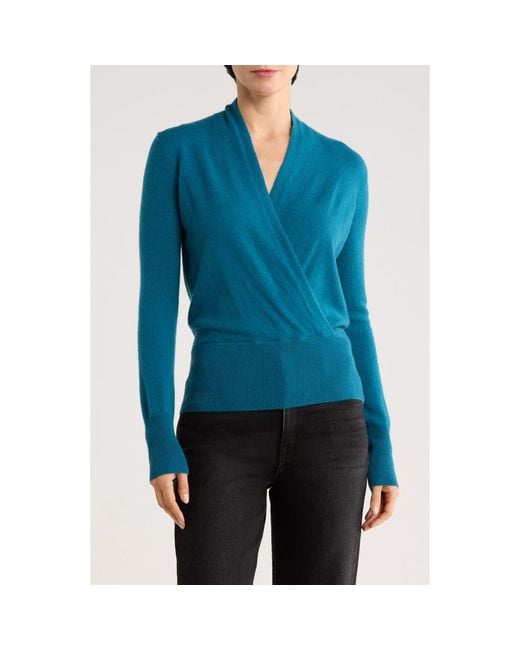 Sofiacashmere Women's Blue Cashmere Faux Wrap Sweater
