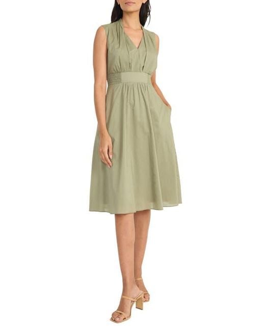 Maggy London Green Sleeveless Shirred Midi Dress