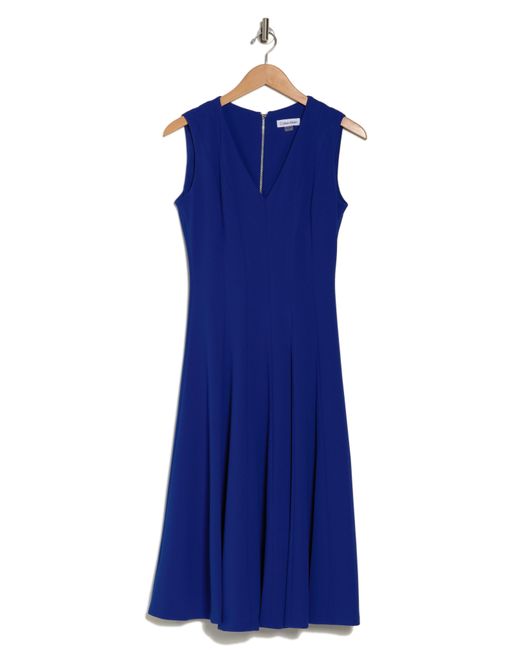 Calvin Klein Blue V-neck Seamed Fit & Flare Midi Dress