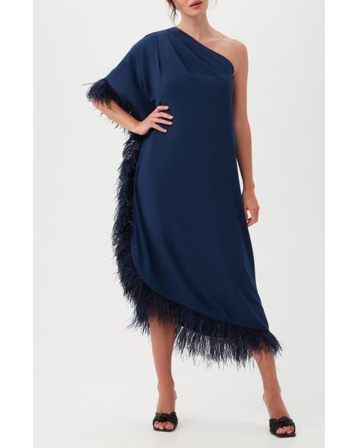 Trina Turk Blue Largo One-Shoulder Feather Trim Caftan Maxi Dress