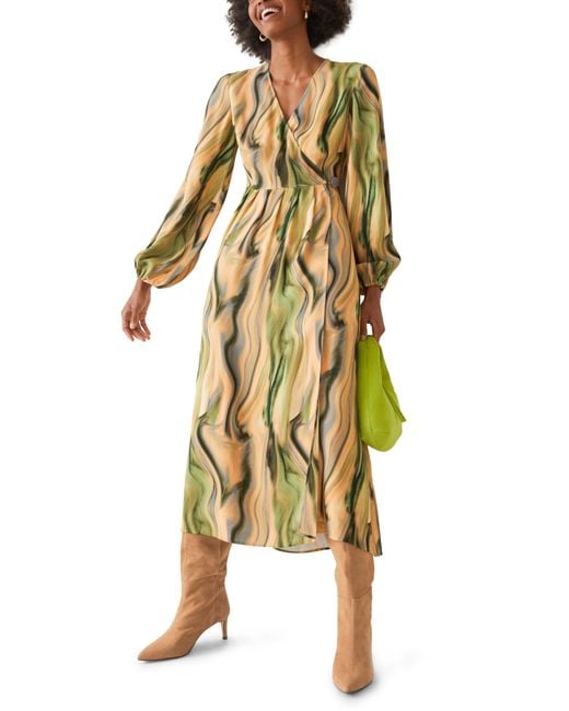 & Other Stories Yellow & Swirl Print Long Sleeve Wrap Midi Dress In Multi Marble Aop At Nordstrom Rack