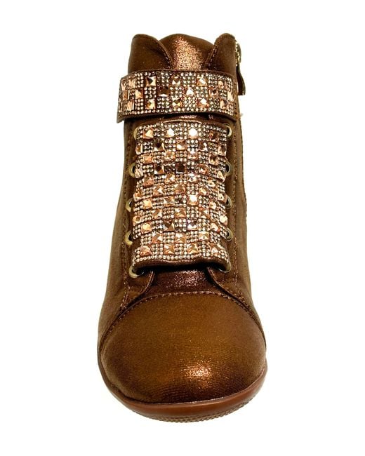 Lady Couture Brown Rock Embellished Metallic Wedge Sneaker