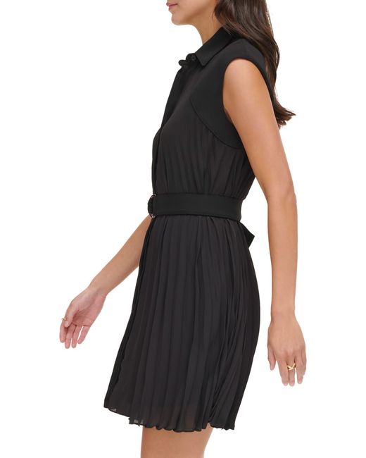 DKNY Black Pleated Sleeveless Shirtdress