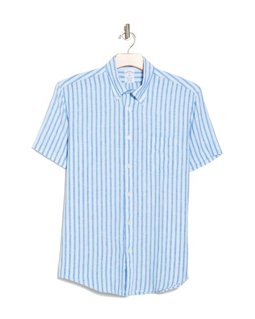 Brooks Brothers Blue Stripe Linen Short Sleeve Button Down Shirt for men