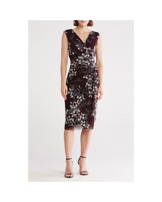 Connected Apparel Black Faux Wrap Mesh Midi Dress