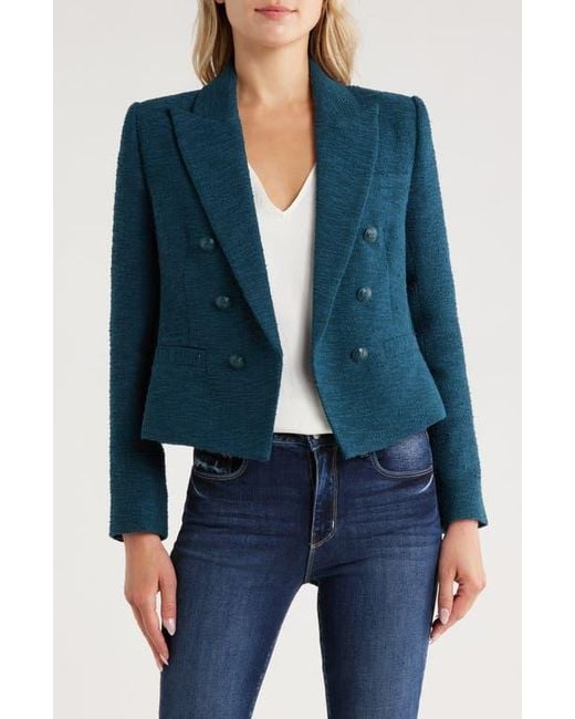 L'Agence Blue Brooke Double Breasted Crop Cotton Blend Blazer