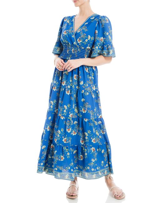 Max Studio Blue Smocked Waist Midi Dress