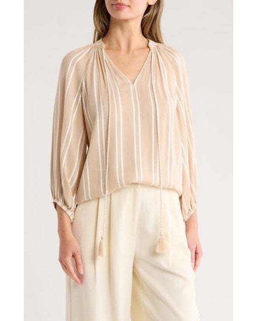 Gemma Jane Natural Stripe Woven Split Neck Top