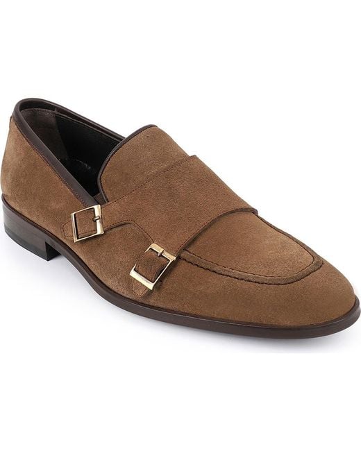 VELLAPAIS Brown Elmaton Double Monk Strap Leather Loafer for men