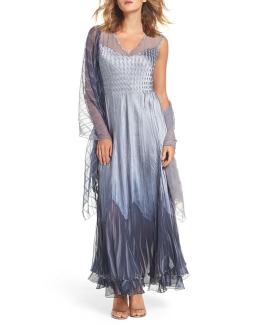 Komarov Blue Ombre Tiered A-line Maxi Dress With Shawl