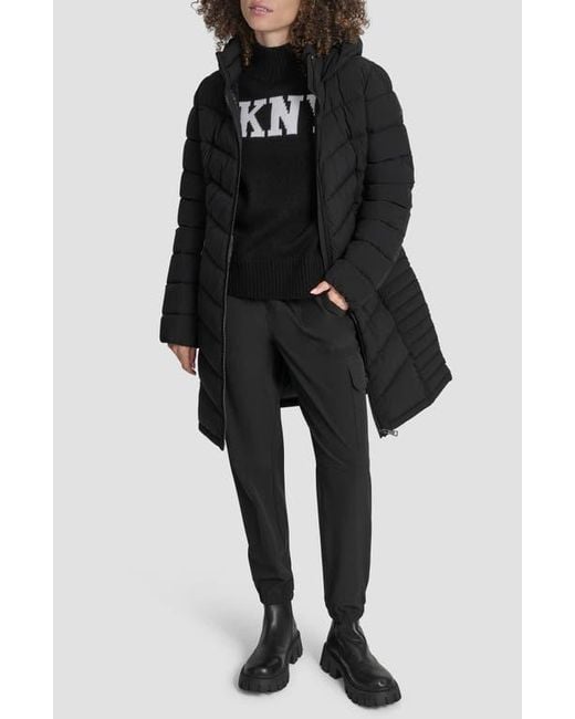 DKNY Black Cire Packable Hooded Longline Puffer Jacket