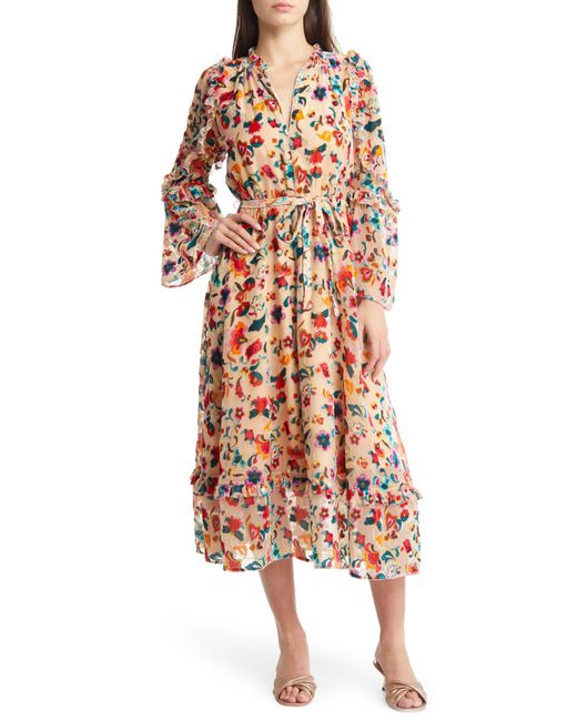 French Connection Multicolor Avery Burnout Tie Waist Long Sleeve Maxi Dress
