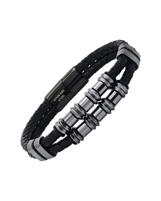 HMY Jewelry Black Mens' Double-strand Bead & Braided Leather Bracelet for men