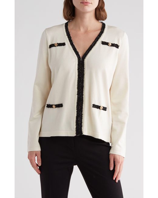 Adrianna Papell Natural Boucle Trim V-neck Cardigan