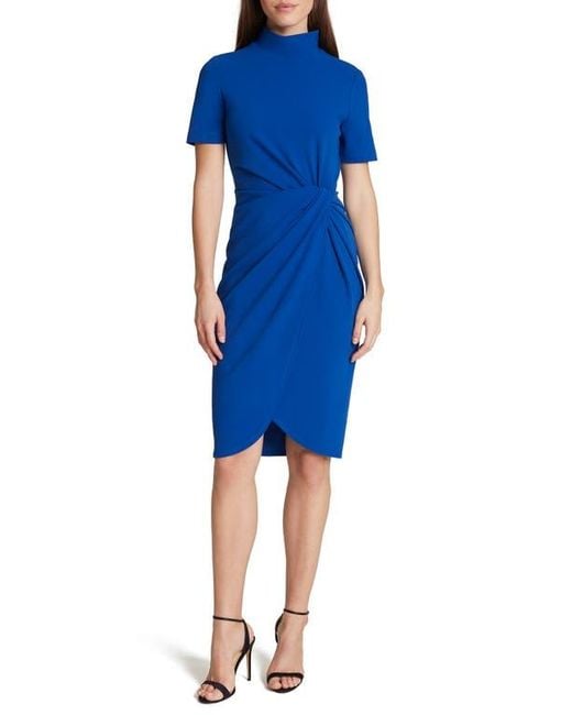 Tahari Blue Mock Neck Stretch Crepe Sheath Dress