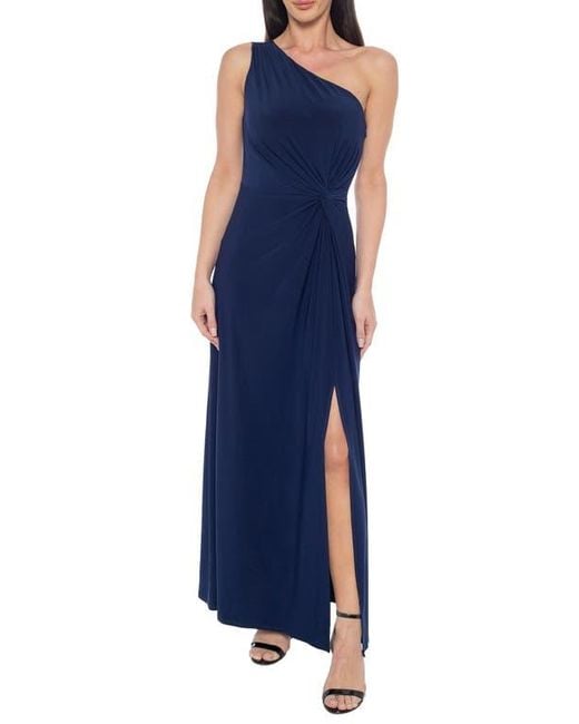 one shoulder dress nordstrom rack Marina One-Shoulder Front Twist A-Line Gown in Blue