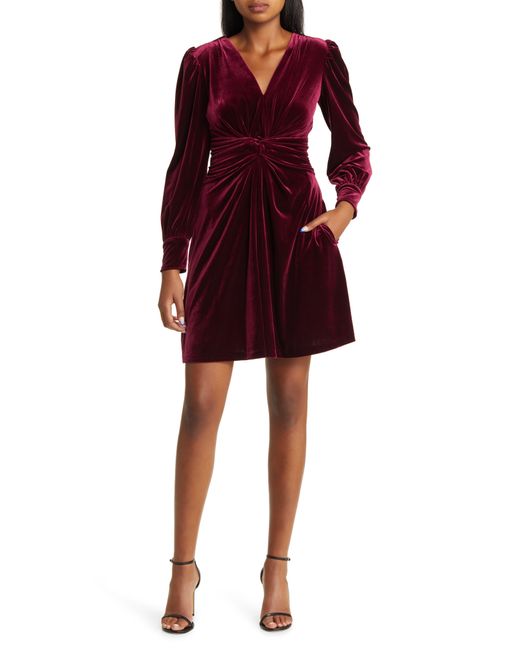 Vince Camuto Red Twist Front Long Sleeve Velvet Fit & Flare Dress