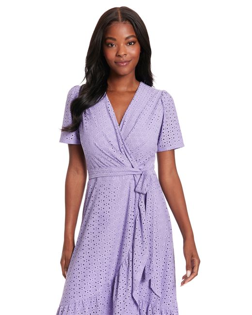London Times Purple Stretch Eyelet Short Sleeve Ruffle Wrap Dress