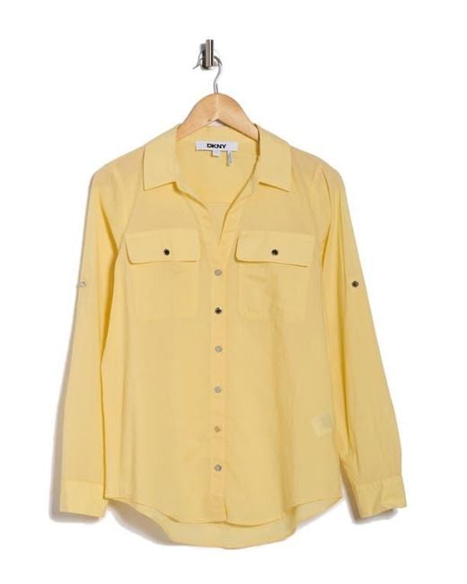 DKNY Yellow Solid Roll Sleeve Button-Up Shirt